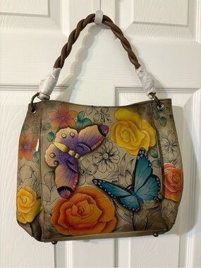 Anuschka Brown Shoulder Bag with Yellow, Blue & Purple Butterfly Floral Art
